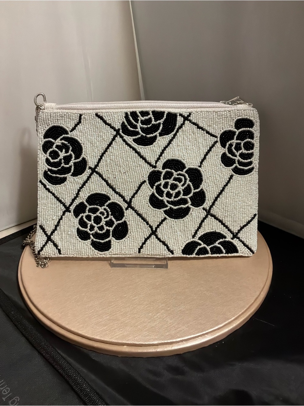 Beaded Floral Crossbody Bag in Ivory and Black - Picture 2 of 5
